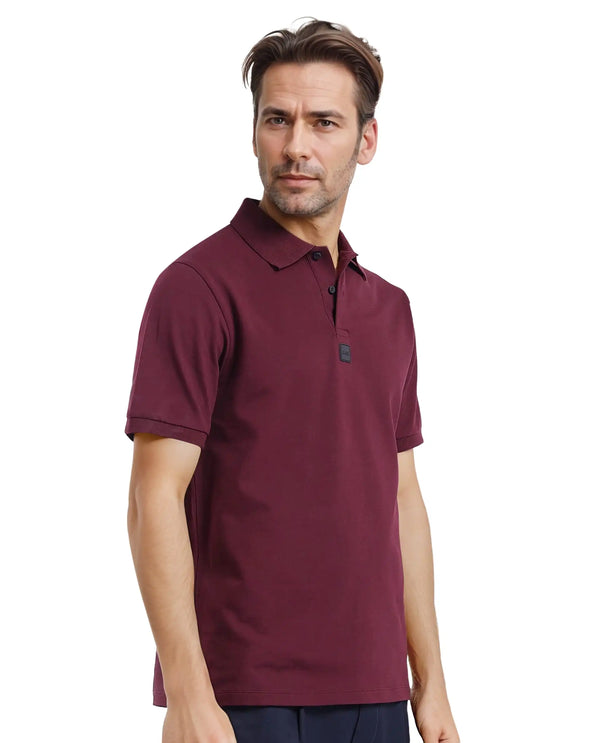 Rare Rabbit Men Mabe Maroon Short Sleeve Regular Collar Silicone Badge Branding Flat Knit Plain Polo