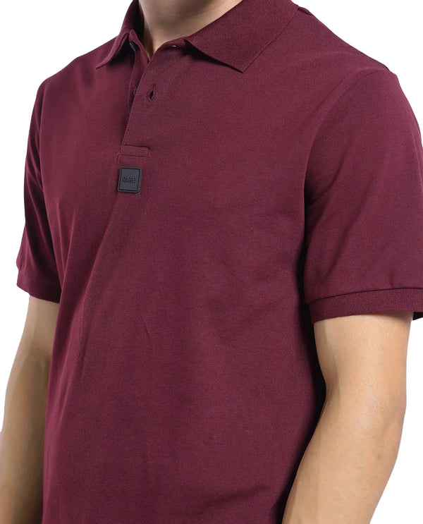 Rare Rabbit Men Mabe Maroon Short Sleeve Regular Collar Silicone Badge Branding Flat Knit Plain Polo