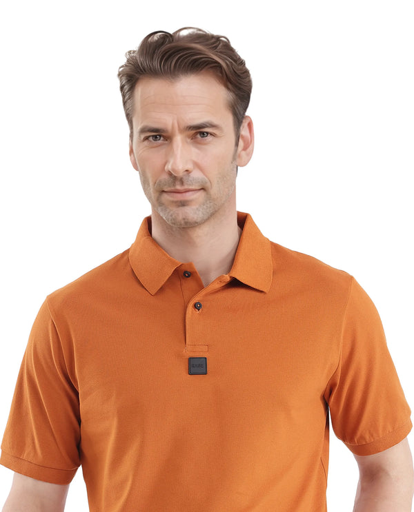 Rare Rabbit Men Mabe Orange Short Sleeve Regular Collar Silicone Badge Branding Flat Knit Plain Polo