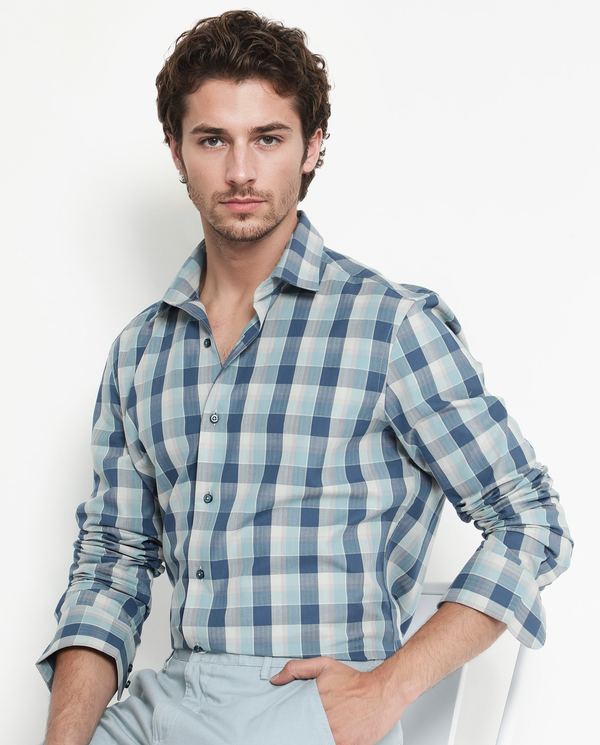Rare Rabbit Men's Mac Blue Cotton Fabric Full Sleeve Regular Fit Checks Shirt