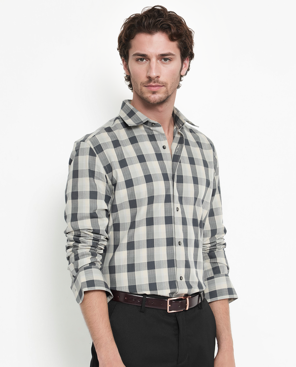 Rare Rabbit Men's Mac Grey Cotton Fabric Full Sleeve Regular Fit Checks Shirt
