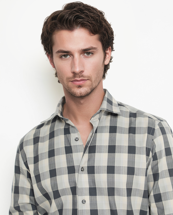 Rare Rabbit Men's Mac Grey Cotton Fabric Full Sleeve Regular Fit Checks Shirt