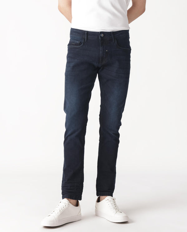 Rare Rabbit Men's Macher Dark Navy Dark Wash Mid-Rise Slim Fit Jeans