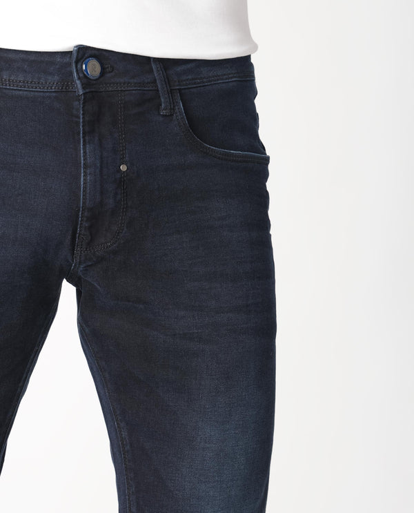Rare Rabbit Men's Macher Dark Navy Dark Wash Mid-Rise Slim Fit Jeans