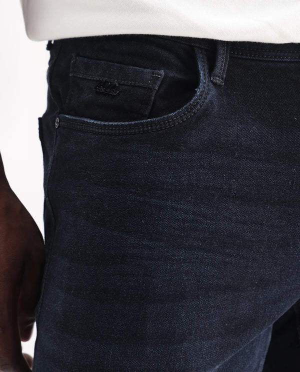 Rare Rabbit Men's Macher Dark Navy Dark Wash Mid-Rise Slim Fit Jeans