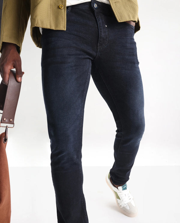 Rare Rabbit Men's Macher Dark Navy Dark Wash Mid-Rise Slim Fit Jeans
