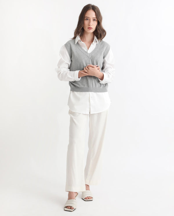 Rareism Women Madelyn Grey Cotton Fabric Sleeveless Knee Length Regular Fit Solid V-Neck Sweater