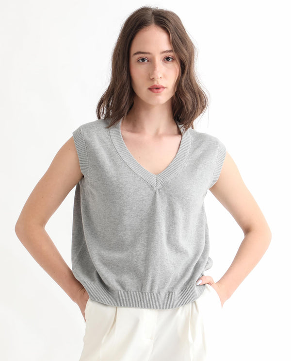 Rareism Women Madelyn Grey Cotton Fabric Sleeveless Knee Length Regular Fit Solid V-Neck Sweater