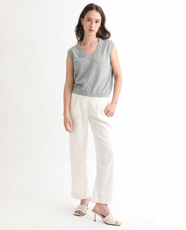 Rareism Women Madelyn Grey Cotton Fabric Sleeveless Knee Length Regular Fit Solid V-Neck Sweater
