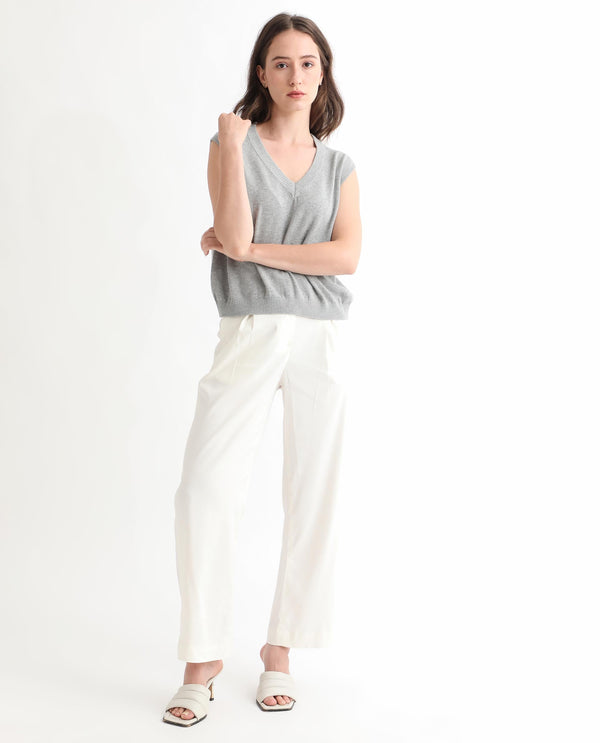 Rareism Women Madelyn Grey Cotton Fabric Sleeveless Knee Length Regular Fit Solid V-Neck Sweater