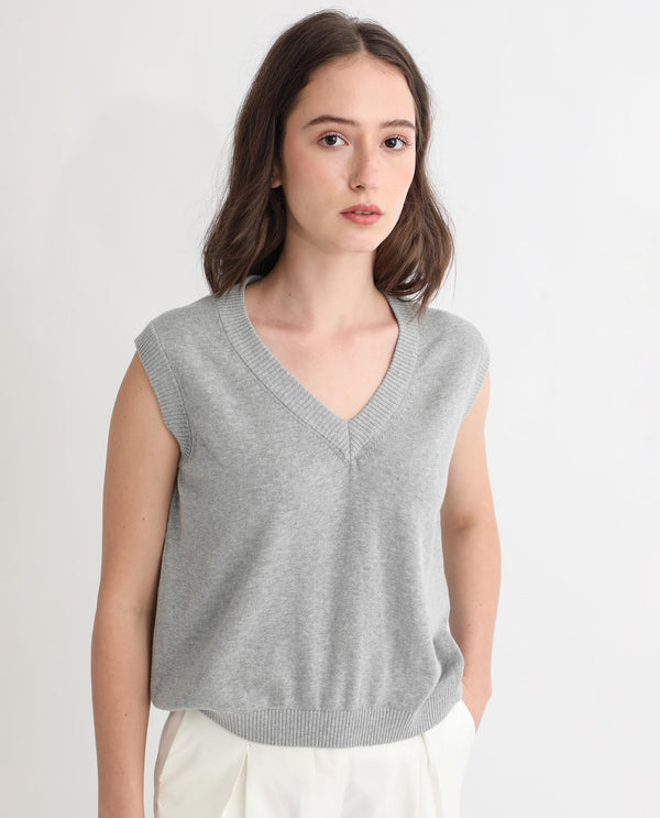 Rareism Women Madelyn Grey Cotton Fabric Sleeveless Knee Length Regular Fit Solid V-Neck Sweater