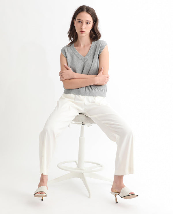 Rareism Women Madelyn Grey Cotton Fabric Sleeveless Knee Length Regular Fit Solid V-Neck Sweater