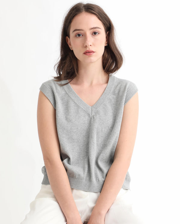 Rareism Women Madelyn Grey Cotton Fabric Sleeveless Knee Length Regular Fit Solid V-Neck Sweater