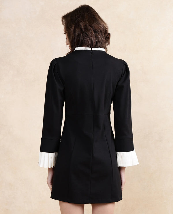 Rareism Women Mafis Black Fashion Sleeves Ruffled Neck Zip Closure Straight Fit Mini Plain Dress
