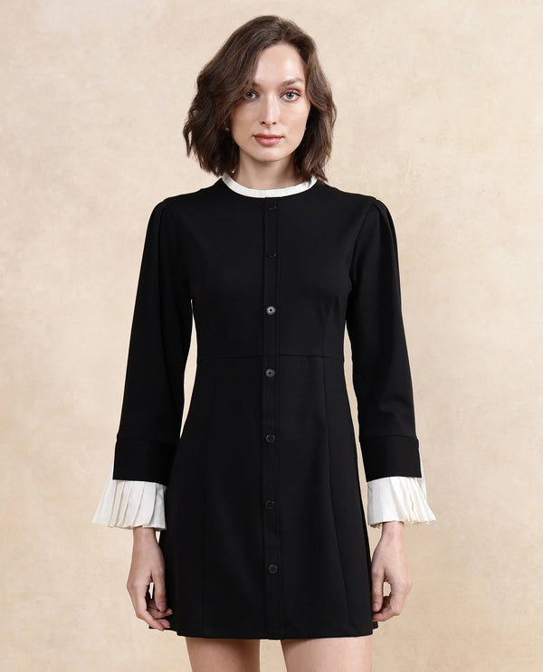 Rareism Women Mafis Black Fashion Sleeves Ruffled Neck Zip Closure Straight Fit Mini Plain Dress