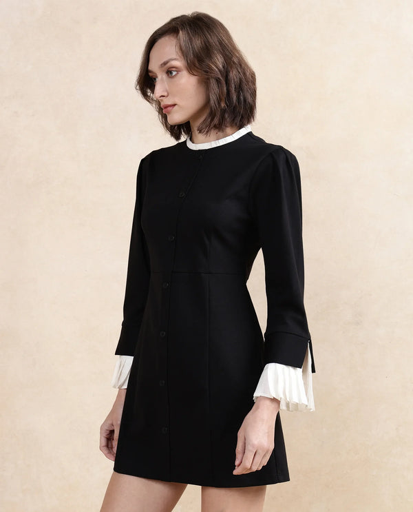 Rareism Women Mafis Black Fashion Sleeves Ruffled Neck Zip Closure Straight Fit Mini Plain Dress