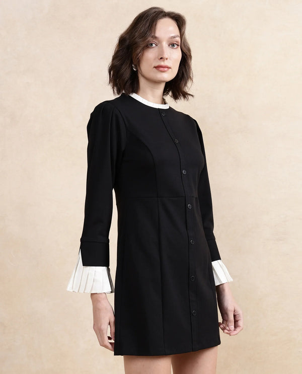 Rareism Women Mafis Black Fashion Sleeves Ruffled Neck Zip Closure Straight Fit Mini Plain Dress