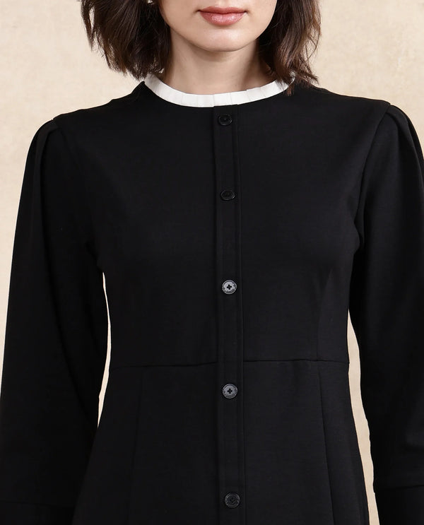 Rareism Women Mafis Black Fashion Sleeves Ruffled Neck Zip Closure Straight Fit Mini Plain Dress