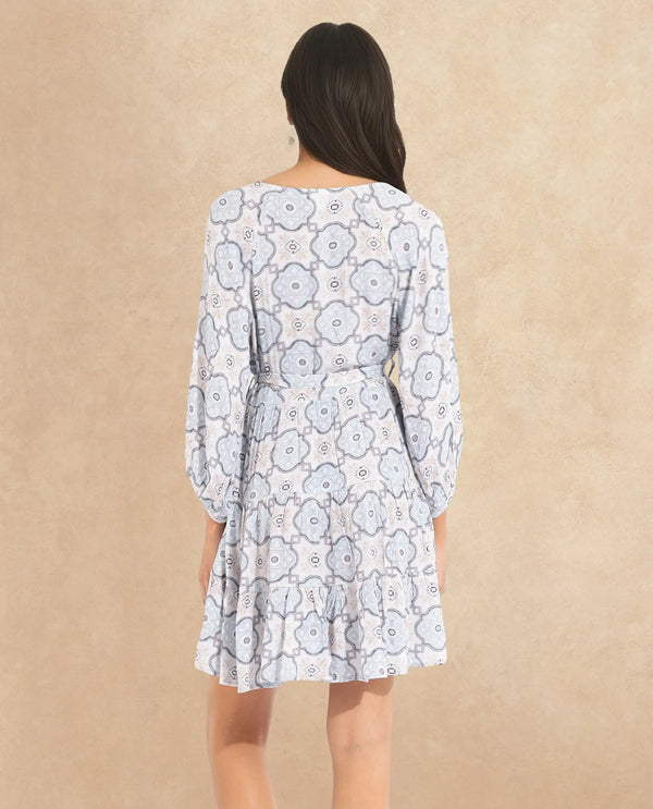 Rareism Women Mage Light Blue Raglan Sleeves Over Lap Neck Fit And Flare Mini Abstract Print Dress