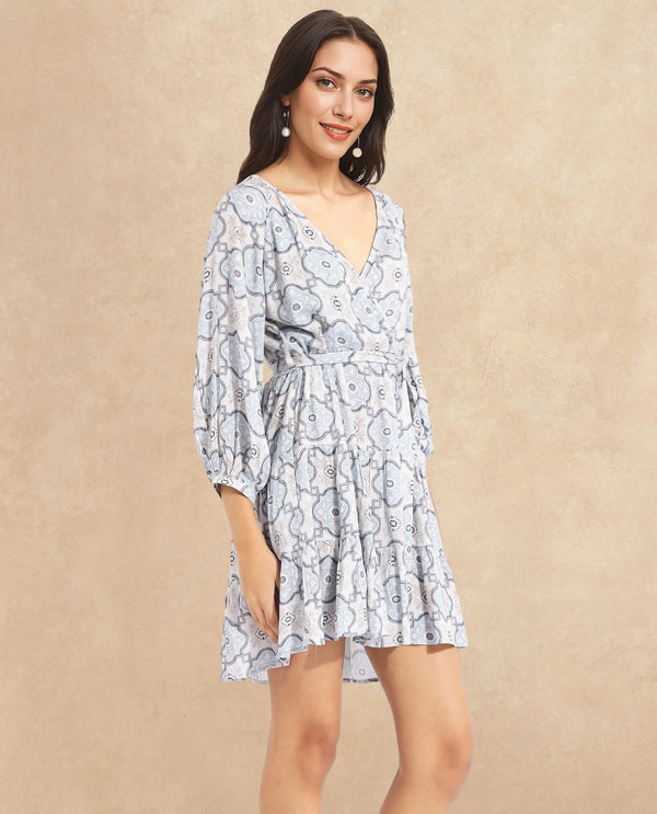 Rareism Women Mage Light Blue Raglan Sleeves Over Lap Neck Fit And Flare Mini Abstract Print Dress