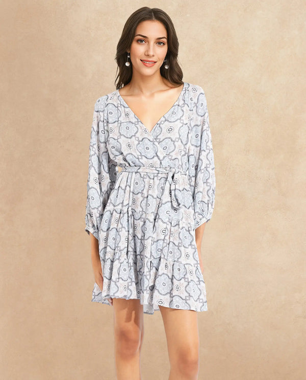 Rareism Women Mage Light Blue Raglan Sleeves Over Lap Neck Fit And Flare Mini Abstract Print Dress