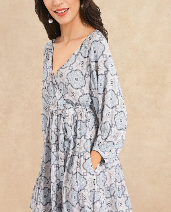 Rareism Women Mage Light Blue Raglan Sleeves Over Lap Neck Fit And Flare Mini Abstract Print Dress