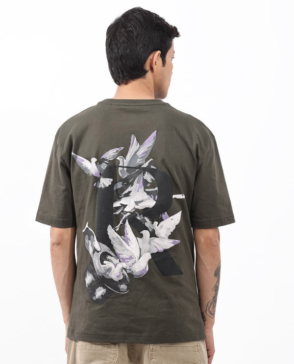 Rare Rabbit Articale Men's Magiq Olive Cotton Polyester Fabric Crew Neck Oversized Fit Graphic Abstract Print T-Shirt