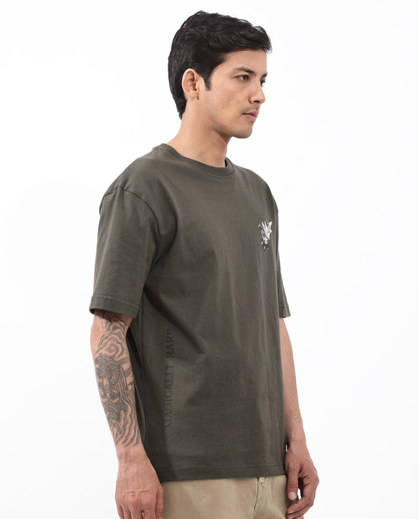 Rare Rabbit Articale Men's Magiq Olive Cotton Polyester Fabric Crew Neck Oversized Fit Graphic Abstract Print T-Shirt