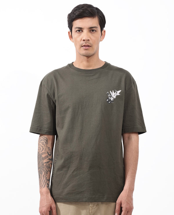 Rare Rabbit Articale Men's Magiq Olive Cotton Polyester Fabric Crew Neck Oversized Fit Graphic Abstract Print T-Shirt