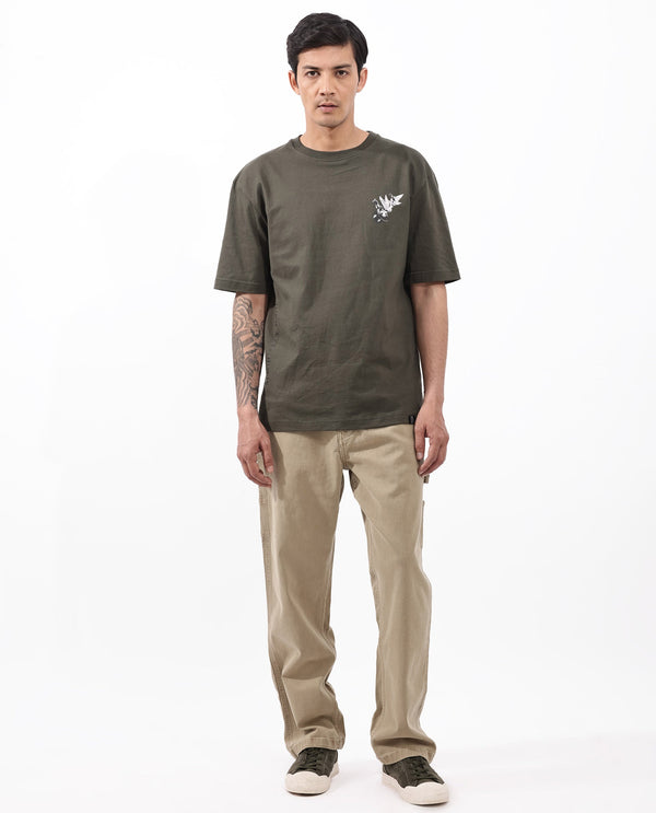 Rare Rabbit Articale Men's Magiq Olive Cotton Polyester Fabric Crew Neck Oversized Fit Graphic Abstract Print T-Shirt