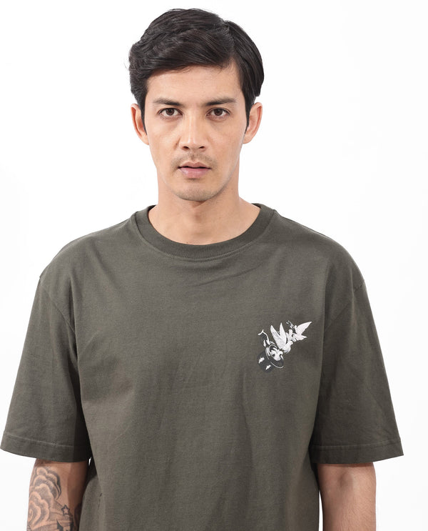 Rare Rabbit Articale Men's Magiq Olive Cotton Polyester Fabric Crew Neck Oversized Fit Graphic Abstract Print T-Shirt
