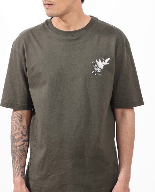 Rare Rabbit Articale Men's Magiq Olive Cotton Polyester Fabric Crew Neck Oversized Fit Graphic Abstract Print T-Shirt