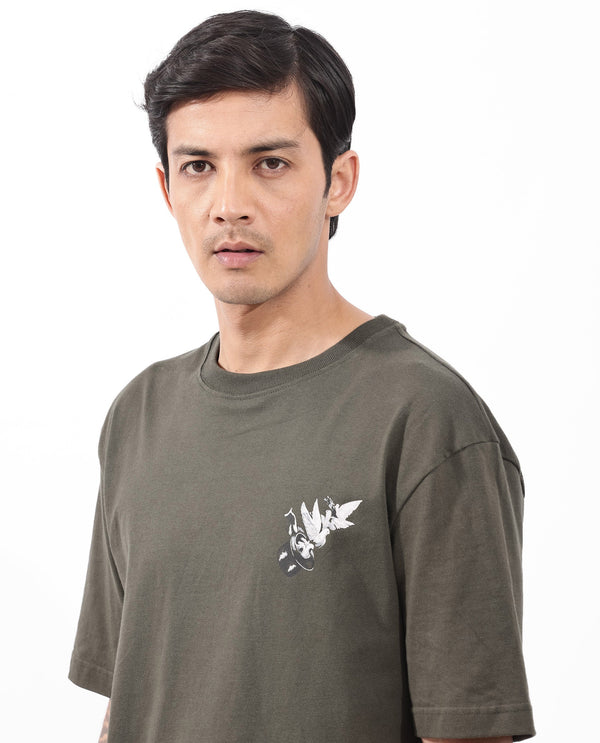Rare Rabbit Articale Men's Magiq Olive Cotton Polyester Fabric Crew Neck Oversized Fit Graphic Abstract Print T-Shirt