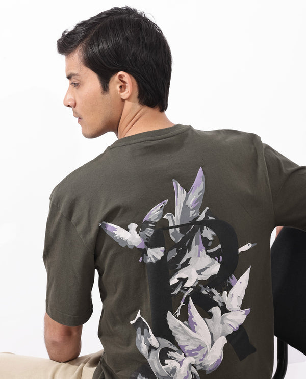 Rare Rabbit Articale Men's Magiq Olive Cotton Polyester Fabric Crew Neck Oversized Fit Graphic Abstract Print T-Shirt