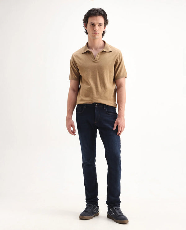 Rare Rabbit Mens Maiden Dark Blue Cotton Polyester Mid Rise Dark Wash Solid Slim Fit Jeans
