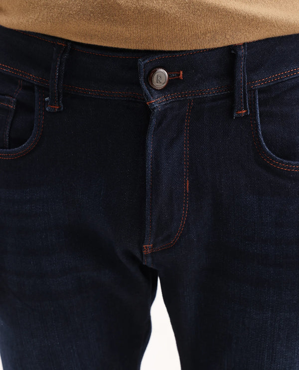 Rare Rabbit Mens Maiden Dark Blue Cotton Polyester Mid Rise Dark Wash Solid Slim Fit Jeans