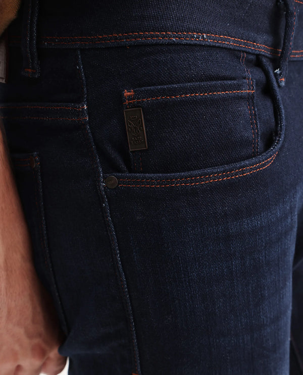 Rare Rabbit Mens Maiden Dark Blue Cotton Polyester Mid Rise Dark Wash Solid Slim Fit Jeans