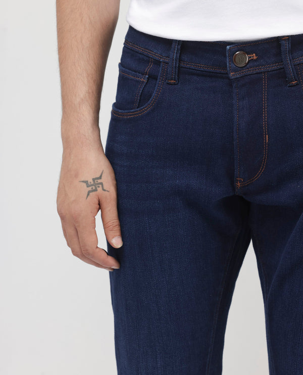 Rare Rabbit Mens Maiden Dark Blue Cotton Polyester Mid Rise Dark Wash Solid Slim Fit Jeans