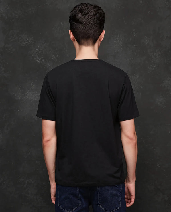 Rare Rabbit Men Maisel-25 Black Cotton Blend Fabric Short Sleeve Crew Neck Hd Print T-Shirt