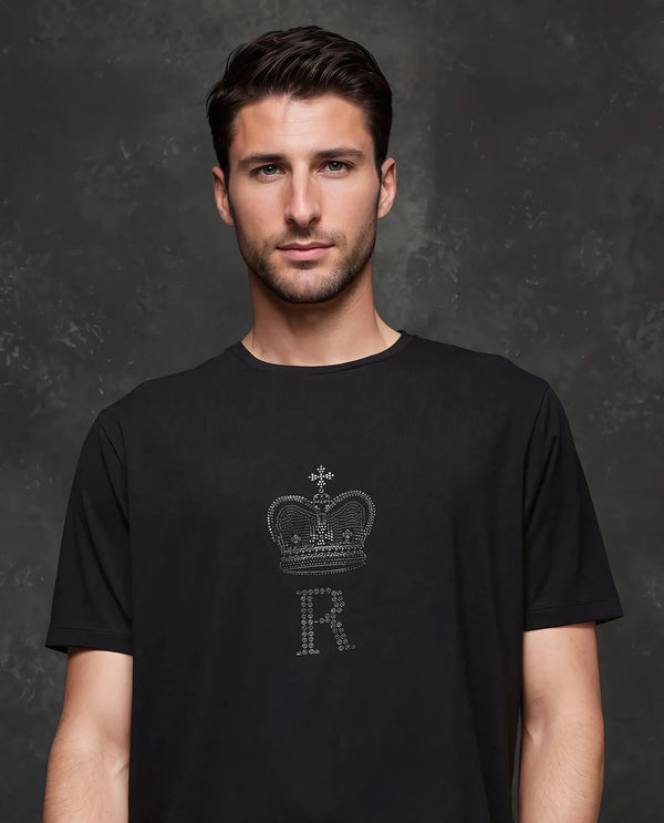 Rare Rabbit Men Maisel-25 Black Cotton Blend Fabric Short Sleeve Crew Neck Hd Print T-Shirt