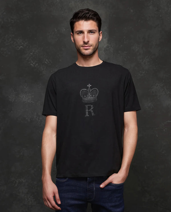 Rare Rabbit Men Maisel-25 Black Cotton Blend Fabric Short Sleeve Crew Neck Hd Print T-Shirt