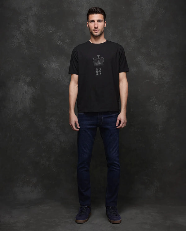 Rare Rabbit Men Maisel-25 Black Cotton Blend Fabric Short Sleeve Crew Neck Hd Print T-Shirt