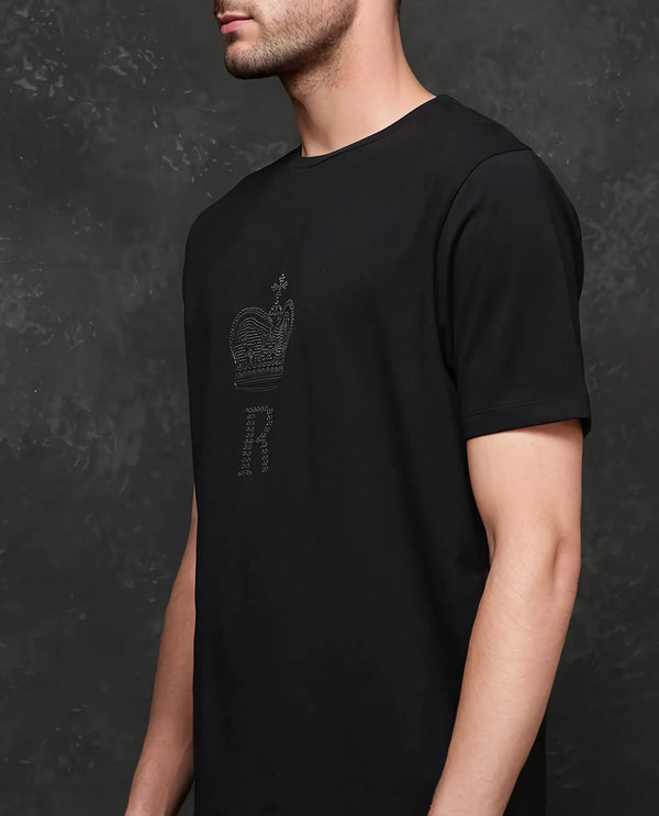Rare Rabbit Men Maisel-25 Black Cotton Blend Fabric Short Sleeve Crew Neck Hd Print T-Shirt