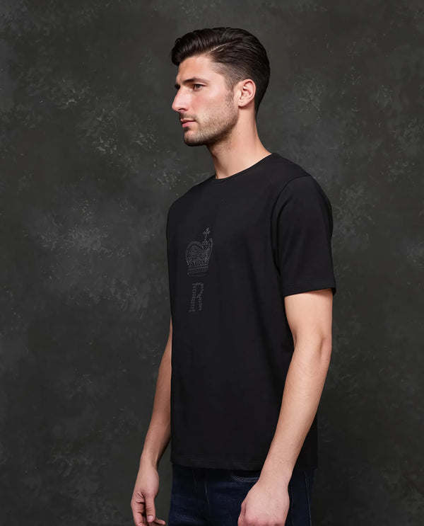 Rare Rabbit Men Maisel-25 Black Cotton Blend Fabric Short Sleeve Crew Neck Hd Print T-Shirt