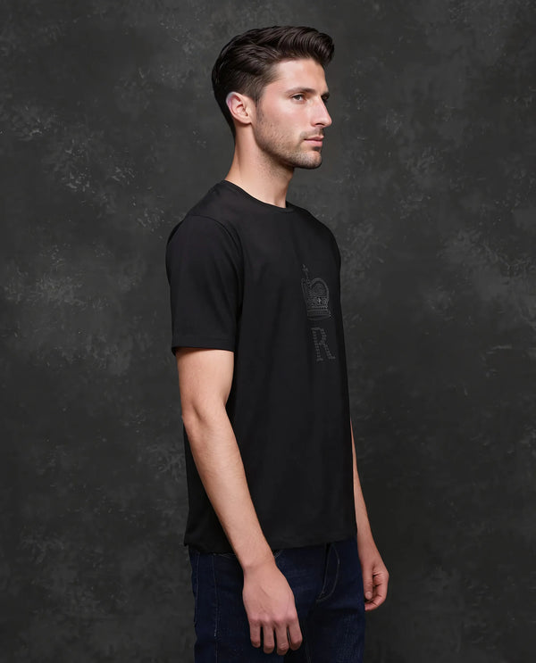 Rare Rabbit Men Maisel-25 Black Cotton Blend Fabric Short Sleeve Crew Neck Hd Print T-Shirt
