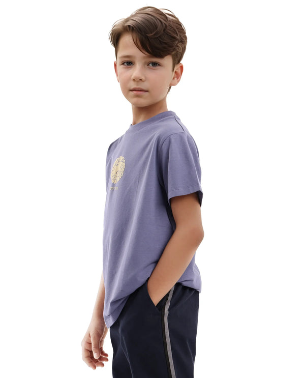 Rare Ones Kids Makes Purple Cotton Half Sleeves Crew Neck Embroidered T-Shirt