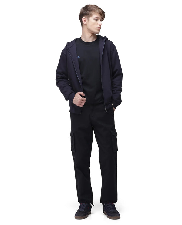 Rare Rabbit Men's Maks Black Drawstring Closure Mid-Rise Relaxed Fit Solid Trouser