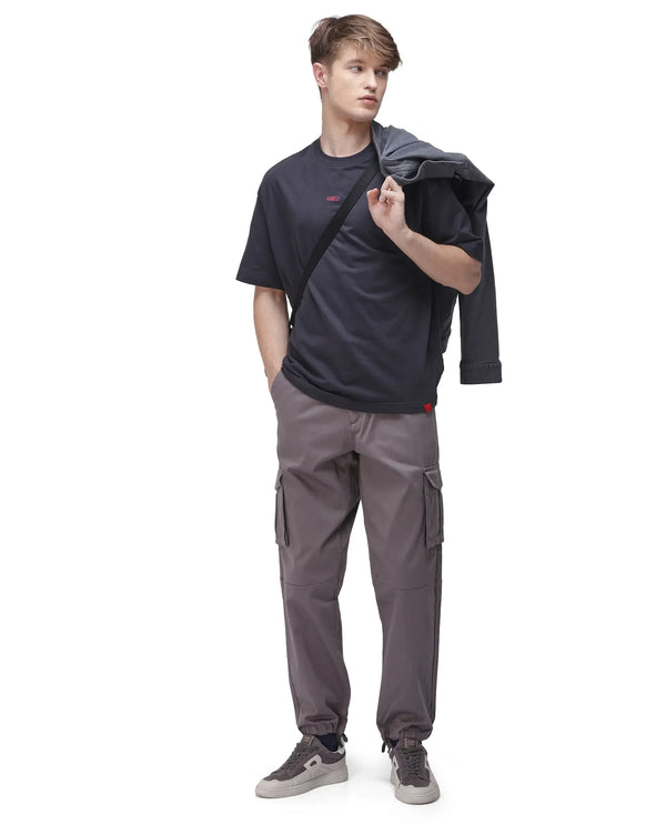 Rare Rabbit Men's Maks Dark Grey Drawstring Closure Mid-Rise Relaxed Fit Solid Trouser