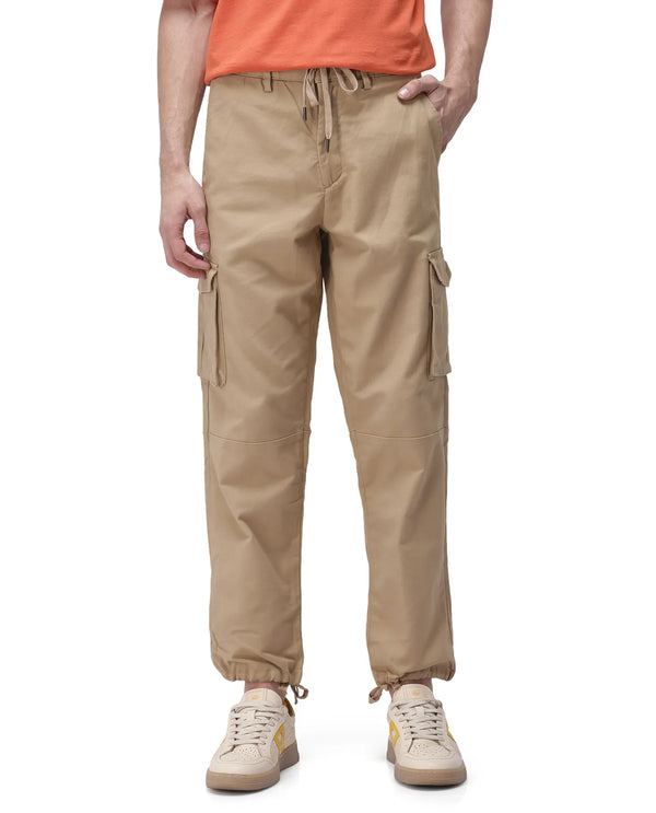 Rare Rabbit Men's Maks Khaki Drawstring Closure Mid-Rise Relaxed Fit Solid Trouser