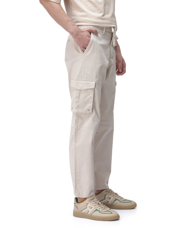 Rare Rabbit Men's Maks Off White Drawstring Closure Mid-Rise Relaxed Fit Solid Trouser